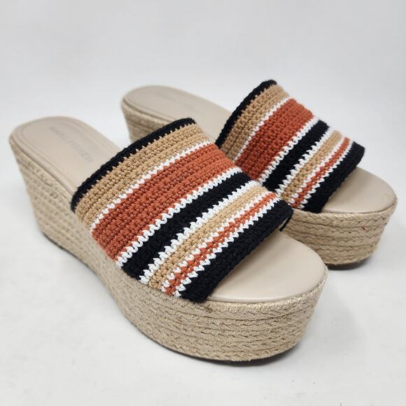 Marc Fisher Slide Sandals Women 8.5M Lannia Platform Black Rust Crochet Jute - Picture 2 of 11